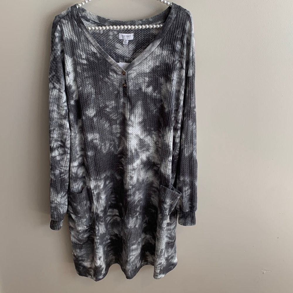 NEW True Craft Waffle Knit Henley Tunic Dress 0X Gray Tie Dye Lounge Pockets